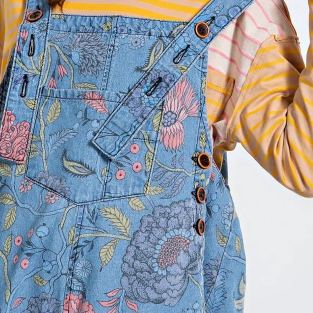 easel Blue Floral Denim Overalls Jumpsuit - Picture 3 of 12